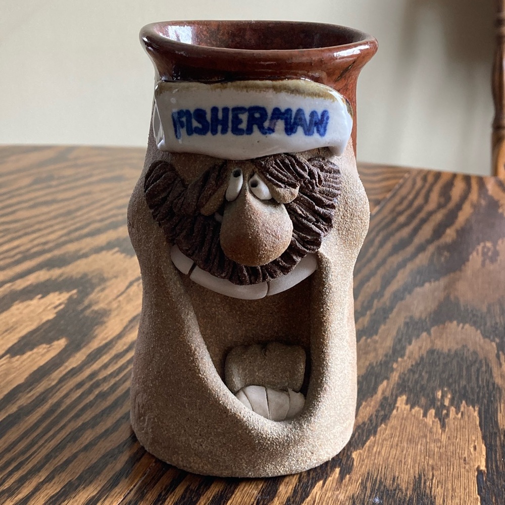 Vintage 1983 Mark Hines Funny Face Fisherman Handmade Studio Pottery Mug Signed